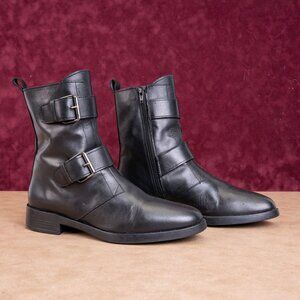 Emanuele Crasto Wmn Black Italian Leather Strap Buckle Zip Ankle Boots 9US EUR39